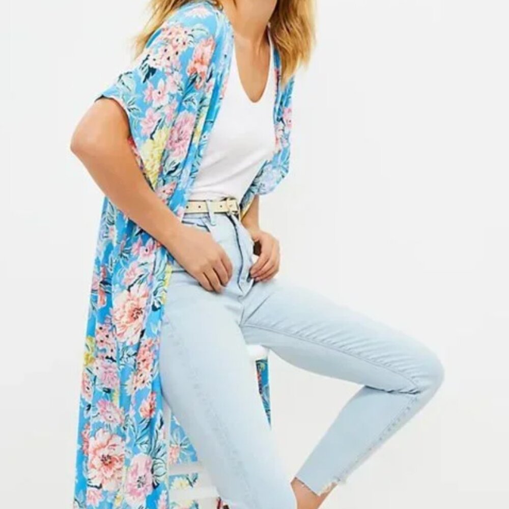 NWT LOFT Blue Multi Floral Kimono – Size‎ XS/Small Cottage Floral Romantic